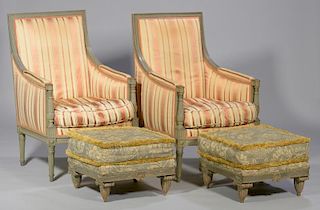Pair Louis XVI Style Bergere Armchairs & Footstools