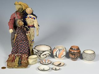Group of Miniature SW Acoma Pottery and Dolls