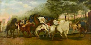 Panoramic Oil on Canvas Horse Procession