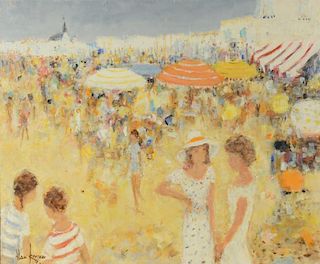 Alain Rousseau o/c, Crowded Beach Scene