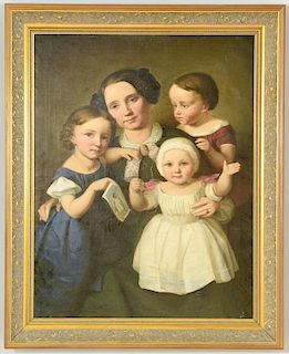Continental Oil on Canvas Portrait Mother &  3 Children