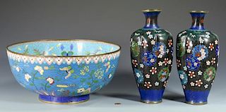 Pr. Asian Cloisonne Vases & Punchbowl