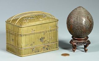 Japanese Inlaid Bronze Box & Carved  Coconut