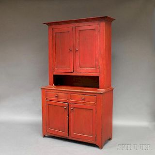 Red-painted Two-piece Step-back Cupboard
