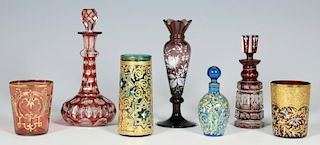 7 Colored Glass Perfume Bottles and Cups