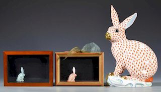 Large Herend Rabbit Figure w/ 2 Rabbit Miniatures