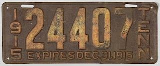 Early 1915 Tennessee License Plate