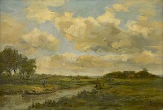 European Oil on Canvas River Landscape