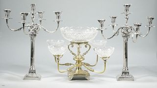 Sheffield Silverplated Candelabra and Epergne with 5 Glass Bowls