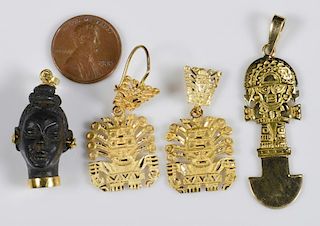 4 18K Jewelry items incl Inca gods