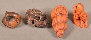 Four Animal Form Finley Carved Wood Netsukes.