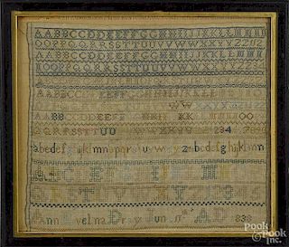 Needlework sampler, inscribed Ann Evelina Dray, June 1838, 11 3/4'' x 10 1/2''.