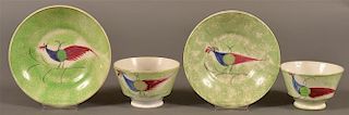 2 Green Spatter Peafowl Pattern Cups & Saucers.