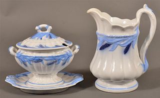Ironstone Blue Wheat Sauce Tureen and Pitcher.