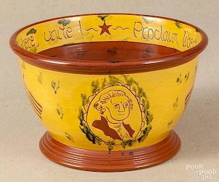 Lester Breininger, large redware bowl, signed and dated 1988, with a patriotic theme, 8'' h.