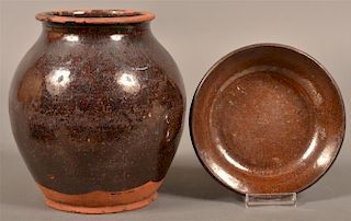 Two Pieces of Glazed Redware Pottery.