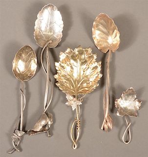 Five Various Sterling Silver Leaf Bowl Spoons.