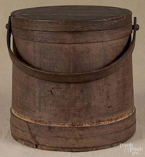 Large painted pine firkin, 19th c., retaining an old brown surface, 14 1/2'' h.