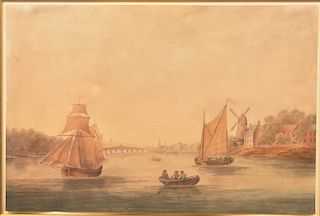 Dutch Boat & Village Scene Watercolor Painting.