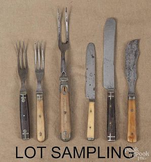 Collection of 100 bone and wood handled flatware, 19th c., most with pewter inlay.