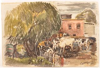 Charles X Carlson Watercolor of  Cows.