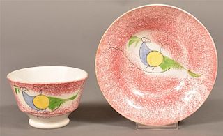Red Spatter China Peafowl Pattern Cup & Saucer.