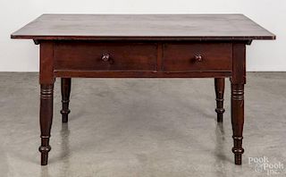 Pennsylvania walnut pin top farm table, ca. 1830, with two drawers and turned legs, 28'' h.