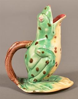Majolica Pottery Frog on Lily Pad Cream Pitcher.