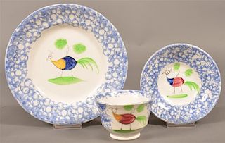Blue Sponge Peafowl Plate, Cup and Saucer.