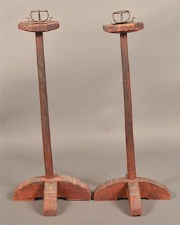 Pair of Red Painted Pricket Lamps.