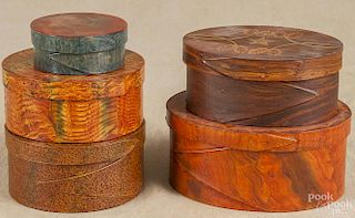 Five contemporary painted band boxes, two labeled C. Hopf, largest - 7 1/2'' w.