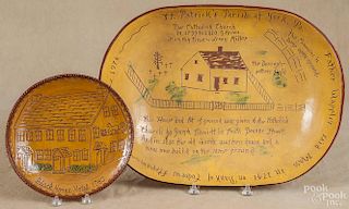 Large redware loaf dish, attributed to Lester Breininger, inscribed St. Patrick's Parish at York Pa