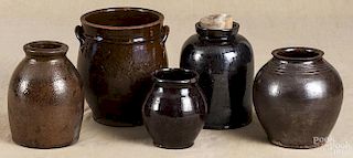 Five redware crocks and jars, 19th c., tallest - 8 1/4''.