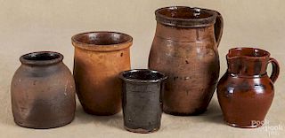Five pieces of redware, 19th c., tallest - 9 1/4''.