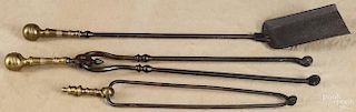 Three federal brass and iron fireplace tools, early 19th c., longest - 31''.