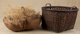 Large splint oak gathering basket, 19th c., 16 1/4'' h., together with a splint oak buttocks basket