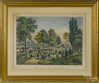 Two Currier and Ives color lithographs, titled Central Park, the Drive and Central Park, the Lake
