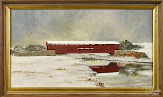 Oil on board winter landscape, signed D. K. Park '75, titled Bell Bank Covered Bridge, 10'' x 24''