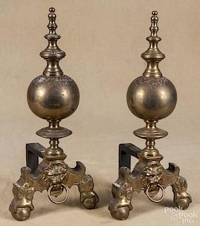 Pair of contemporary brass andirons, 21 1/2'' h.