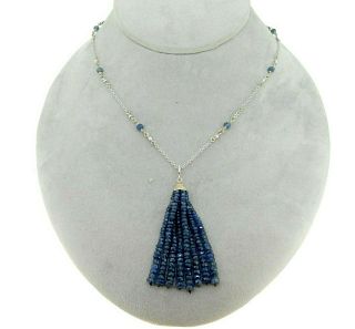 14k White Gold Genuine Natural Diamond and Blue Sapphire Tassel Pendant 