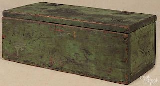 Painted pine document box, 19th c., retaining an old green surface, 7'' h., 19'' w., 9'' d.