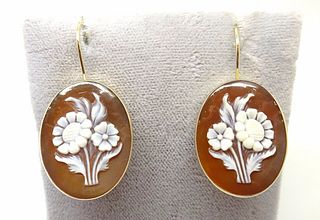 14k Gold Oval Genuine Natural Cameo Wire Hook Earrings Floral Bouquet 