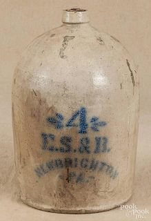 Pennsylvania stoneware jug, 19th c., stenciled E. S. B. New Brighton PA., 16 1/2'' h.