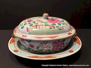 ANTIQUE Chinese Famille Rose Covered Tureen and Tray, 18th Century.