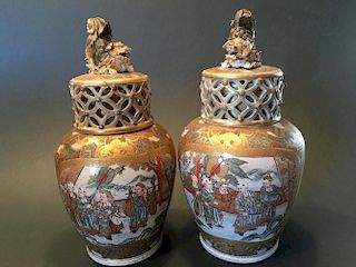 ANTIQUE pair Japanese Satsuma Vases with Foo dog lids and figurines, Meiji period. 12" high