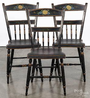 Three Pennsylvania painted half spindle plank bottom chairs, 19th c., overall - 33'' h.