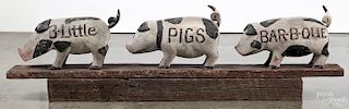 Contemporary carved and painted 3 Little Pigs Bar-B-Que sign, 14 1/2'' h., 50'' l.