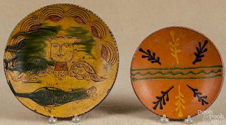 Greg Shooner, two redware plates, signed and dated 1998 and 2002, 8 1/2'' dia. and 11'' dia.