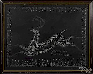 Calligraphy on black paper of a leaping stag, late 19th c., signed Frank Spring, 21 1/2'' x 27 1/2''