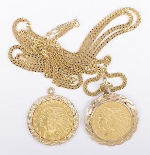 2 Vintage American Coin Pendants; 18K chain